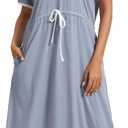 Women's Printed Nightgown, V-Neck Short Sleeve Midi Sleep Dress with Pockets, Loose Fit Comfortable Loungewear (Gray, M)
