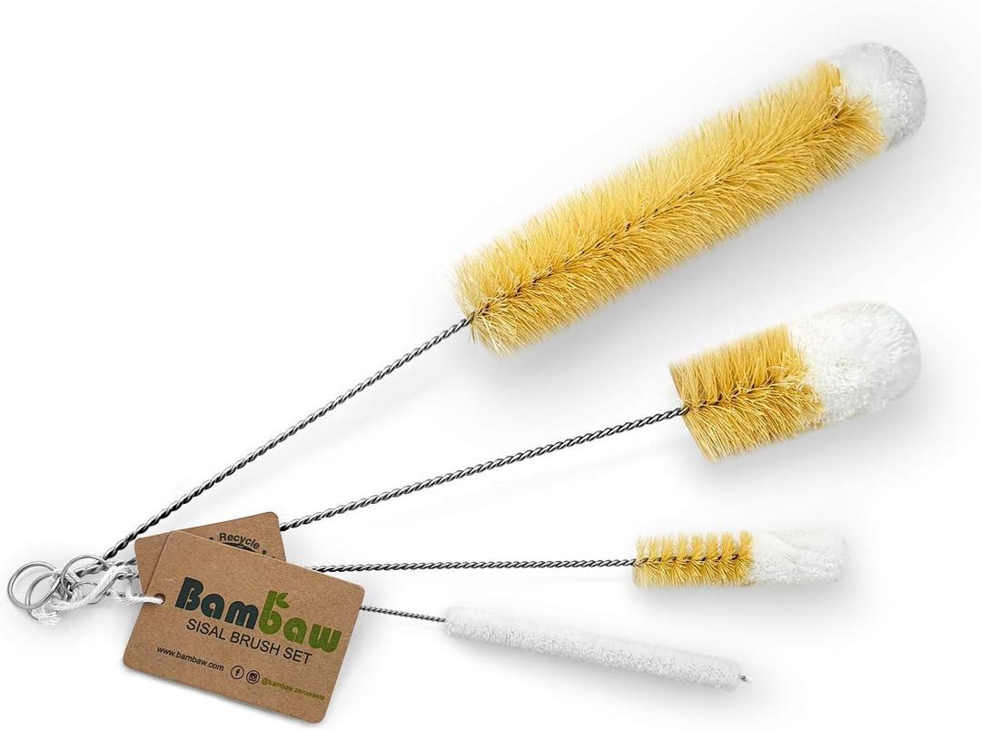 Bambaw Bottle Cleaner Brush Set | 4 Cleaning Brushes | Bottle Brush Cleaner Set | Water Bottle Brush | Bottle Scrubber | Small & Long Bottle Brush for Glass - Soft Cotton Tip to Prevent Scratches