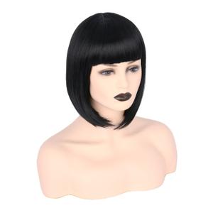Topcosplay Womens Bob Hair Wigs Short Black Flat Bangs Cosplay Halloween Costume Wigs