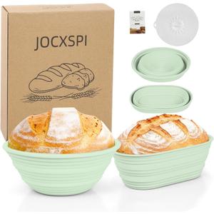 Upgraded & Thickened Silicone Banneton Bread Proofing Basket, JOCXSPI 10" Oval & 9" Round Sourdough Basket with Silicone Lid, Foldable, Non-Stick, BPA-Free, Easy-Clean