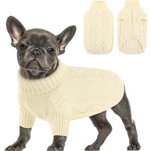 Queenmore Small Dog Pullover Sweater, Cold Weather Cable Knitwear, Classic Turtleneck Thick Warm Clothes for Chihuahua, Bulldog, Dachshund, Pug (White, Medium)