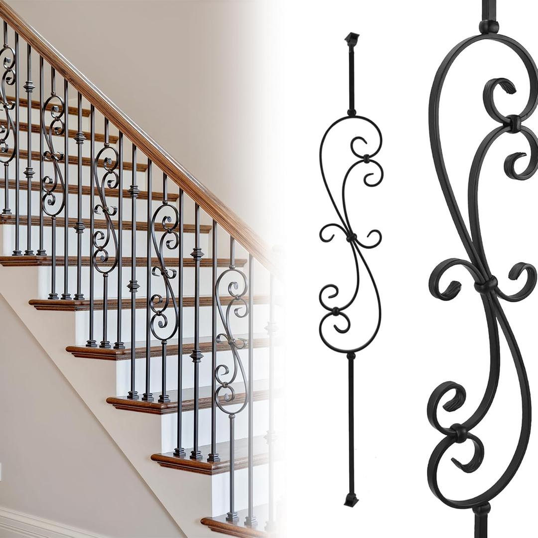 5-Pack Skinny Scroll Iron Balusters for Staircase Interior,44" Decorative Metal Balusters for Decks, S Balusters 1/2" Square Metal Balusters with Iron Baluster Swivel Shoes