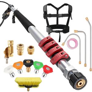 Gutter Cleaning Tools 24 FT Telescoping Pressure Washer 3 Extension Wands, Gutter Cleaner Attachment, Brush Head, 5 Spray Nozzle Tips, 3 Hose Adapters and Adjustable Support Belt