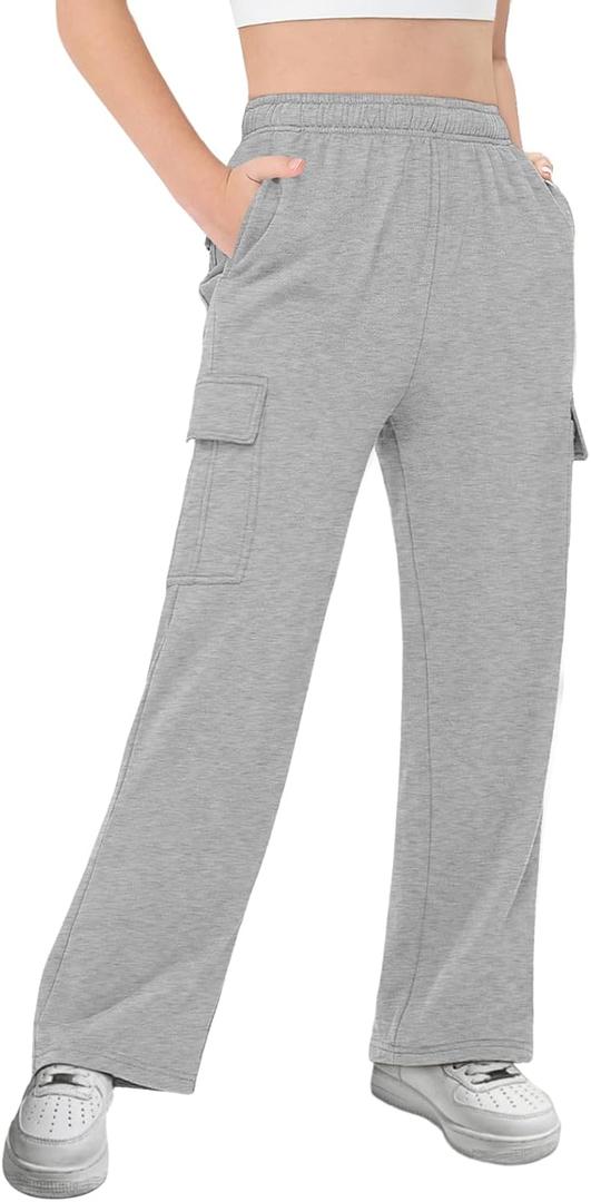 Girls Kids Cargo Sweatpants Wide Straight Leg Jogger Pants 5-14 Years (Grey)