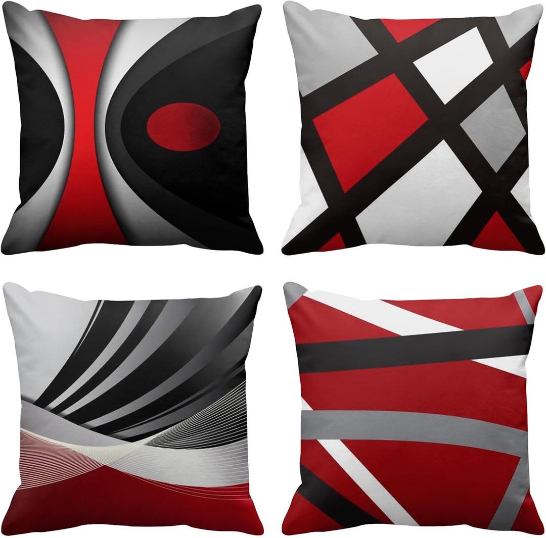 Emvency Set of 4 Throw Pillow Covers Modern Abstract Red Stripes Gray Black White Acrylic Bold Grey Decorative Pillow Cases Home Decor Square 16x16 Inches Pillowcases