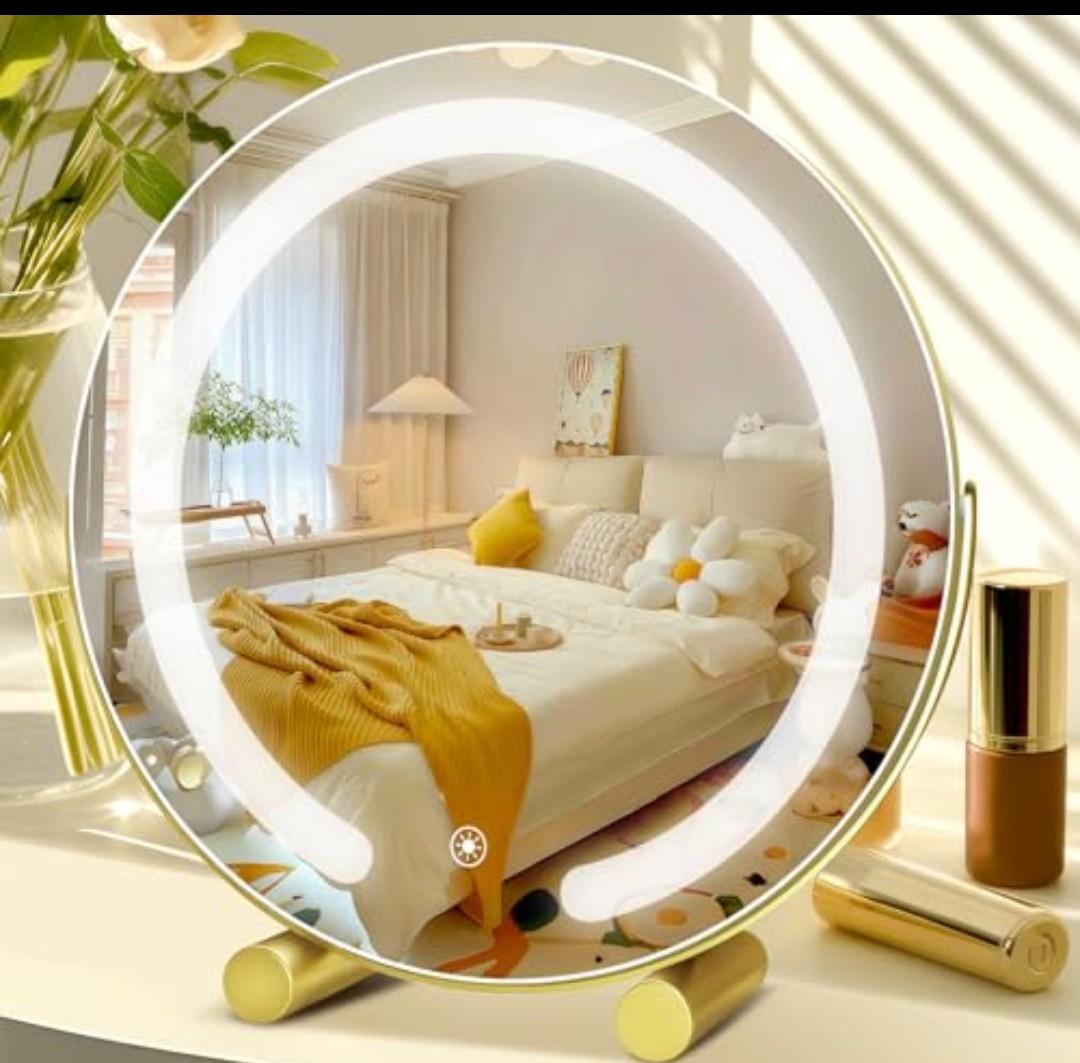 Bearolve Vanity Mirror with Lights, 12" LED Makeup Mirror, HD Professional Mirror, Smart Touch with 3-Color Lighting, Dimmable, 360° Rotation, Lighted Up for Makeup Desk, Bedroom (Gold)