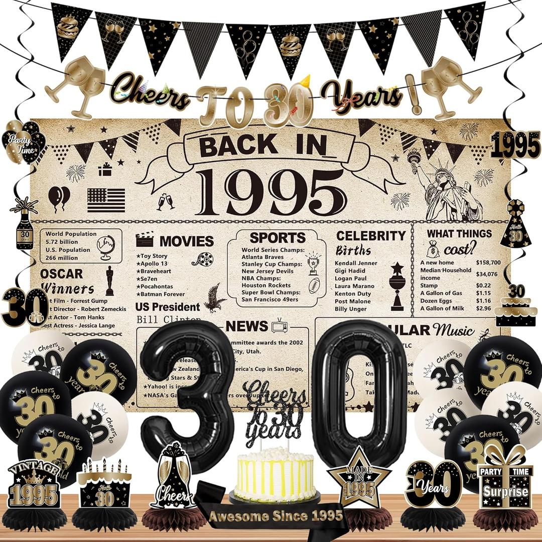 DARUNAXY 30th Birthday Party Decorations for Men Women, Vintage Back in 1995 Banner, Black 30 Number Balloons & Cake Topper, Vintage 1995 30 Birthday Honeycomb Hanging Swirl Confetti Balloons(28PC)