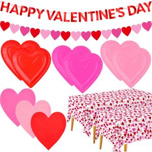 Valentine's Day Party Supplies Set for 48 Guests - Romantic Heart-Shaped Disposable Plates & Napkins with Love-Themed Plastic Tablecloth & Banner - Valentines Day Party Decorations