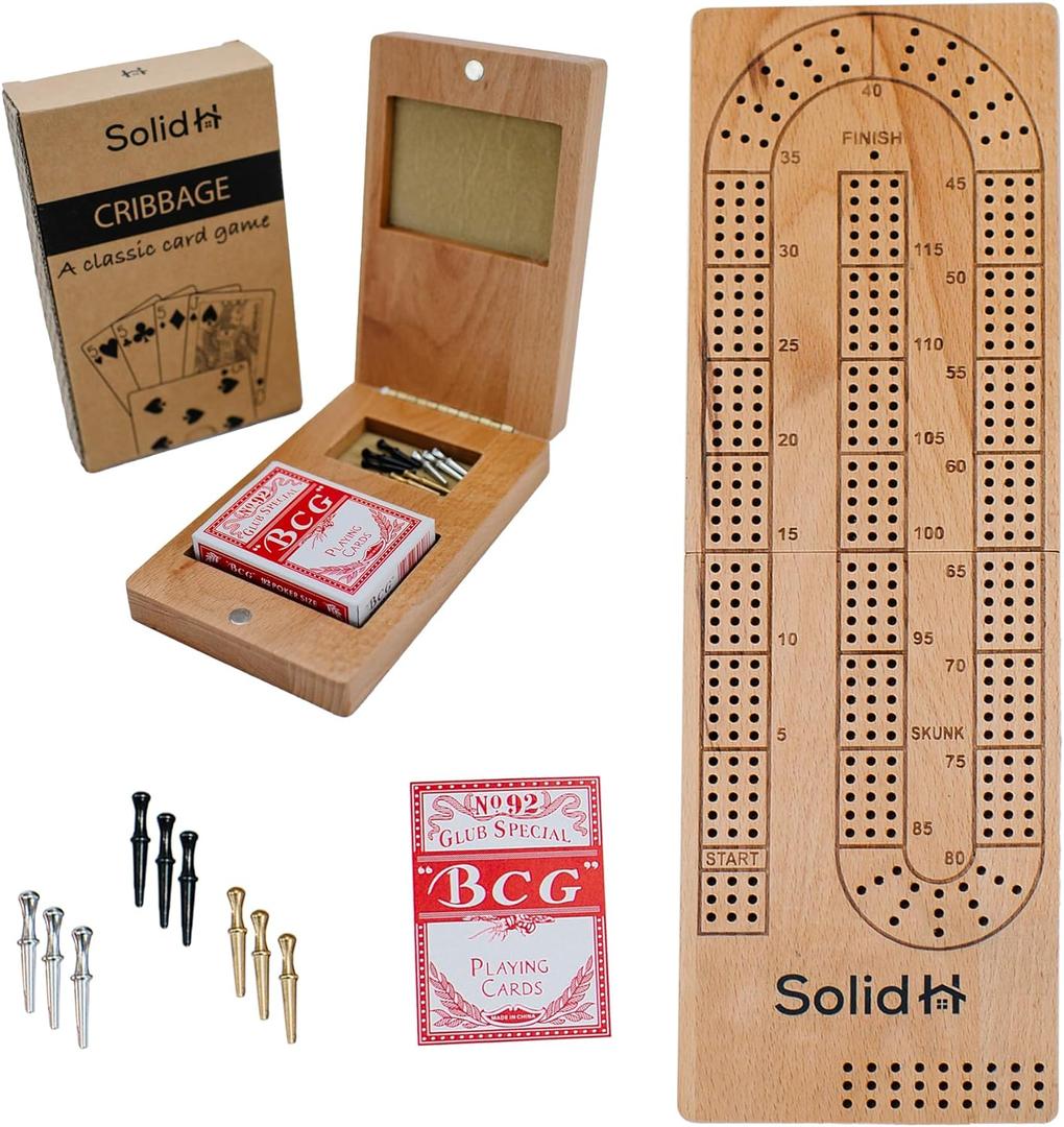 Foldable Cribbage Board Game Set - Travel Cribbage Board Includes Wooden Board with Storage, Metal Pegs, Deck of Cards, Instructions for 2-4 Players