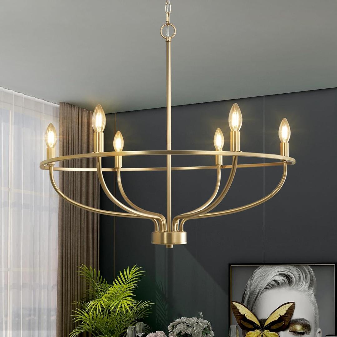 6 Light Gold Chandelier, Brushed Gold Light Fixture Dining Table Candle Brass Chandelier Lighting for Bedroom Hallway Entryway Living Room Kitchen 29in Brushed Brass Chandeliers
