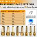 34Pcs Brass Hose Barb Fittings Kit - 3/16", 1/4", 5/16", 3/8", 1/2" Barb to 1/8", 1/4", 3/8" NPT Male Adapter with 46Pcs Clamps & 2 Teflon Tapes for Air Fuel Water Line