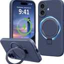 iPhone 16 Plus Case Stand, Slim Comfortable Liquid Silicone Phone Cases Compatible with MagSafe Magnetic Ring Kickstand Stand Full Camera Protection for iPhone 16 Plus 6.7", Dark Blue