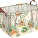 Woodland Animal Storage Basket Waterproof Canvas Toy Storage Bin Home Forest Decor Collapsible Outdoor Basket with Leather Handles Woodland Decor Blanket Baskets For Closets ,Bedrooms, Gifts Baskets