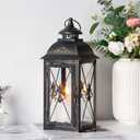 TRIROCKS Decorative Hanging Lantern 16'' High Vintage Metal Candle Holder with Tempered Glass Perfect for Living Room Garden Yard Patio Parties Events Indoors Outdoors (Black)
