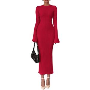 PRETTYGARDEN Sweater Dresses for Women 2026 Fall Bell Long Sleeve Crew Neck Bodycon Maxi Dress Winter Ribbed Knit Outfits (Small, Red)