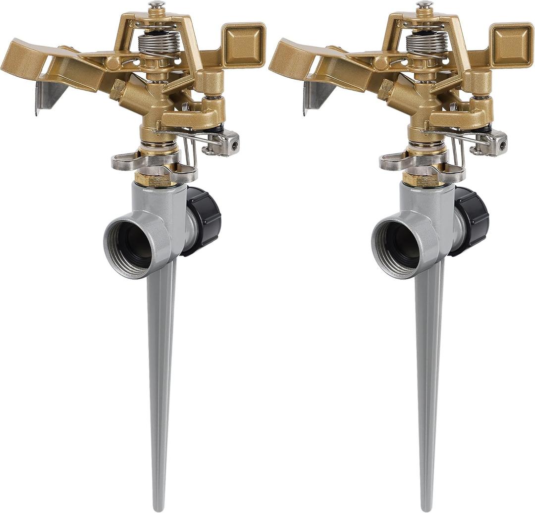 Biswing 2 Pack Impact Sprinklers with Stand (Spike), Heavy Duty Zinc Alloy Lawn Sprinkler Head on Spike Base, Adjustable Watering Sprinkler for Large Area Grass Yards Patio Garden Irrigation