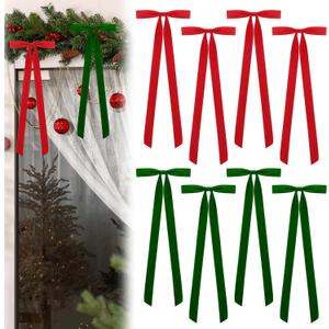 8 Pcs Large Velvet Christmas Bow 23.5x8.7 Inch Christmas Staircase Wreath Bows Gift Ribbon Bows Vintage Christmas Tree Topper Bows for Christmas Tree Indoor Outdoor Decoration, Red Green