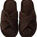 Enteer Women's Corduroy Bow Memory Foam Slippers, Open Toe Cross Band Non-Slip Indoor Outdoor House Slippers