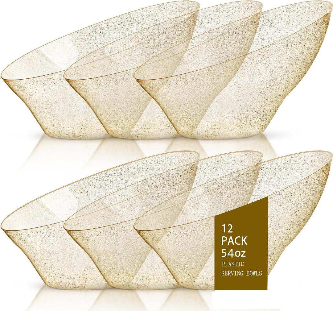 Bucla 12 Pack Gold Glitter Plastic Serving Bowls - 54 OZ Angled Serving Bowls Disposable for Chip,Candy, Snack,Salad & Fruit - Ideal for Party, Wedding & Thanksgiving