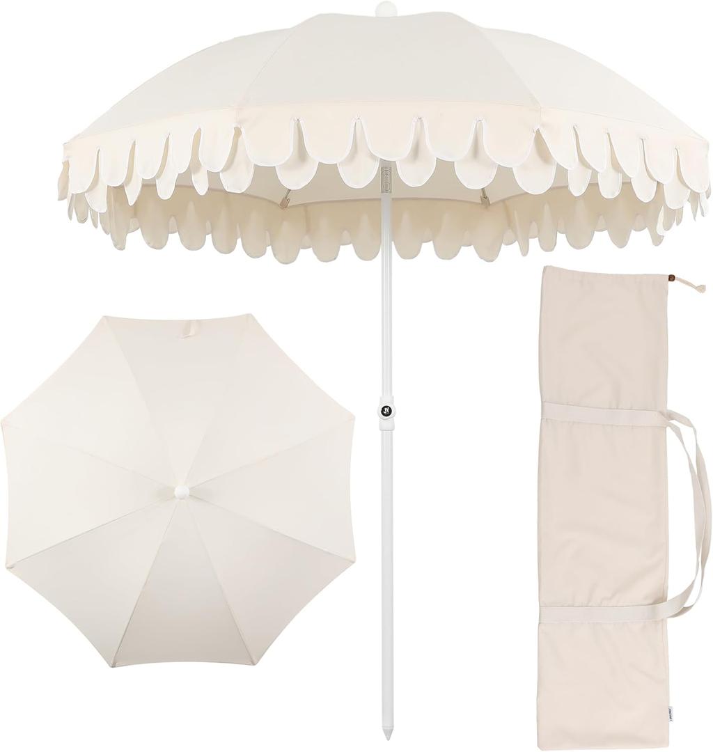 JONATHAN Y UMB1004C Horizon 6.5 ft. Classic MidCentury Scalloped Fringe Market Beach Umbrella with Push-Button Tilt, Wind Vent and UV Protection, and Matching Carry Bag in Cream/White, White Pole