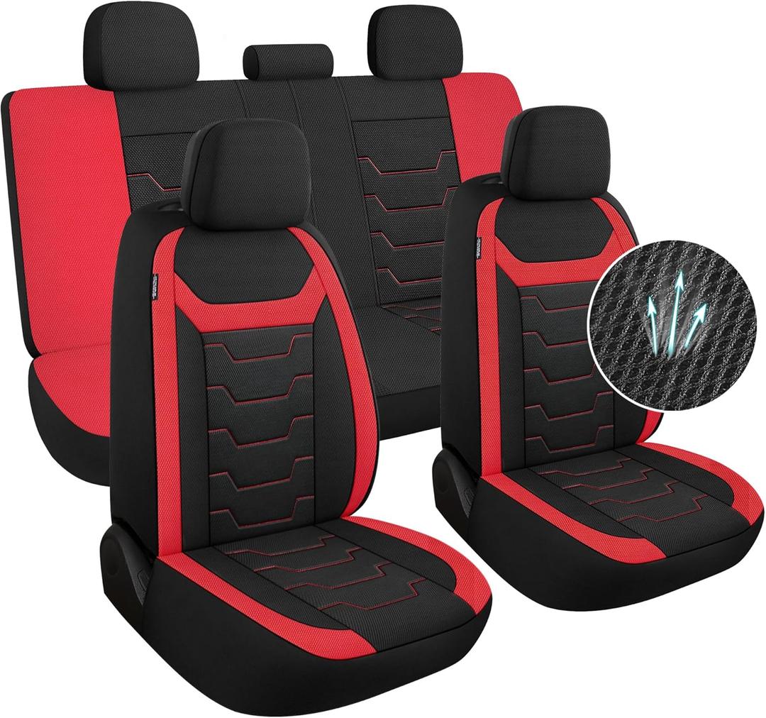 3D Air-Mesh Car Seat Covers Full Set, Breathable and Split Bench Compatible Seat Covers for Cars, Universal Car Interior Covers for Most Cars Sedan Truck SUV(Black/Red)