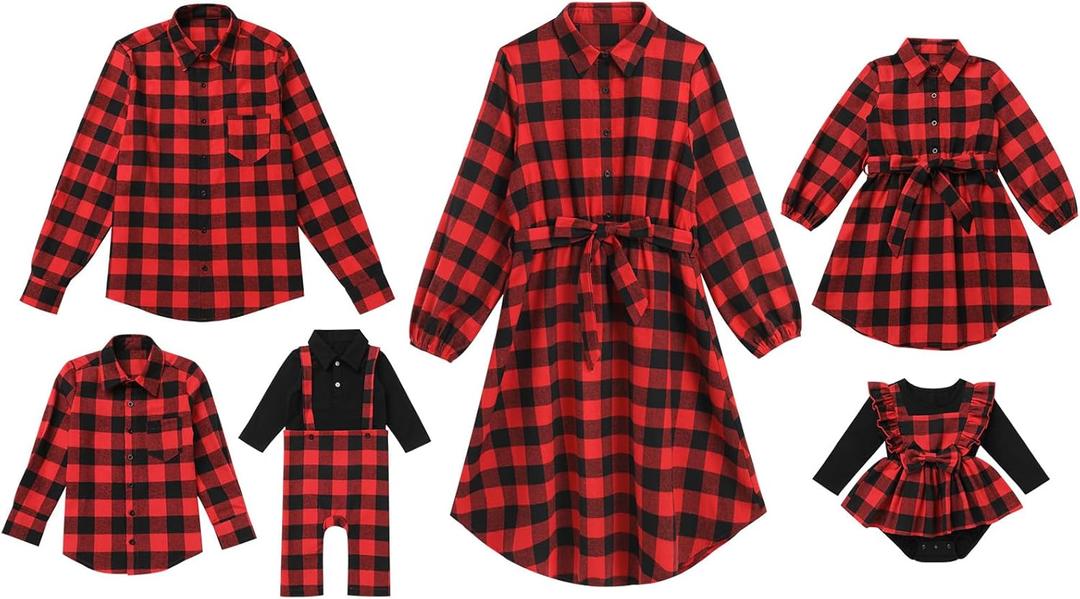 Mommy and Me Christmas Dresses Long Sleeve Green Red Black Buffalo Plaid Family Matching Outfits for Photoshoot Fall Winter Xmas Gingham Mom Daughter Daddy Son Matching Outfits Red Plaid Women L