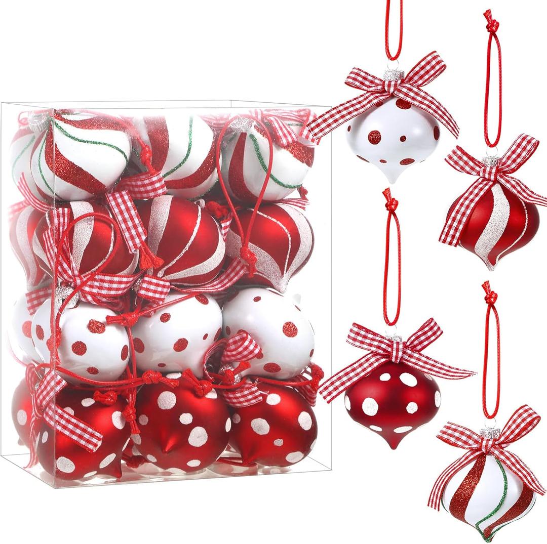 Syhood 24 Pcs Christmas Tree Ornaments, Christmas Ball Decorations Set, Shatterproof Baubles Xmas Tree Hanging Decor, Peppermint Candy Ball Red White Green Stripes Party Holiday (Classic,2.36 Inches)