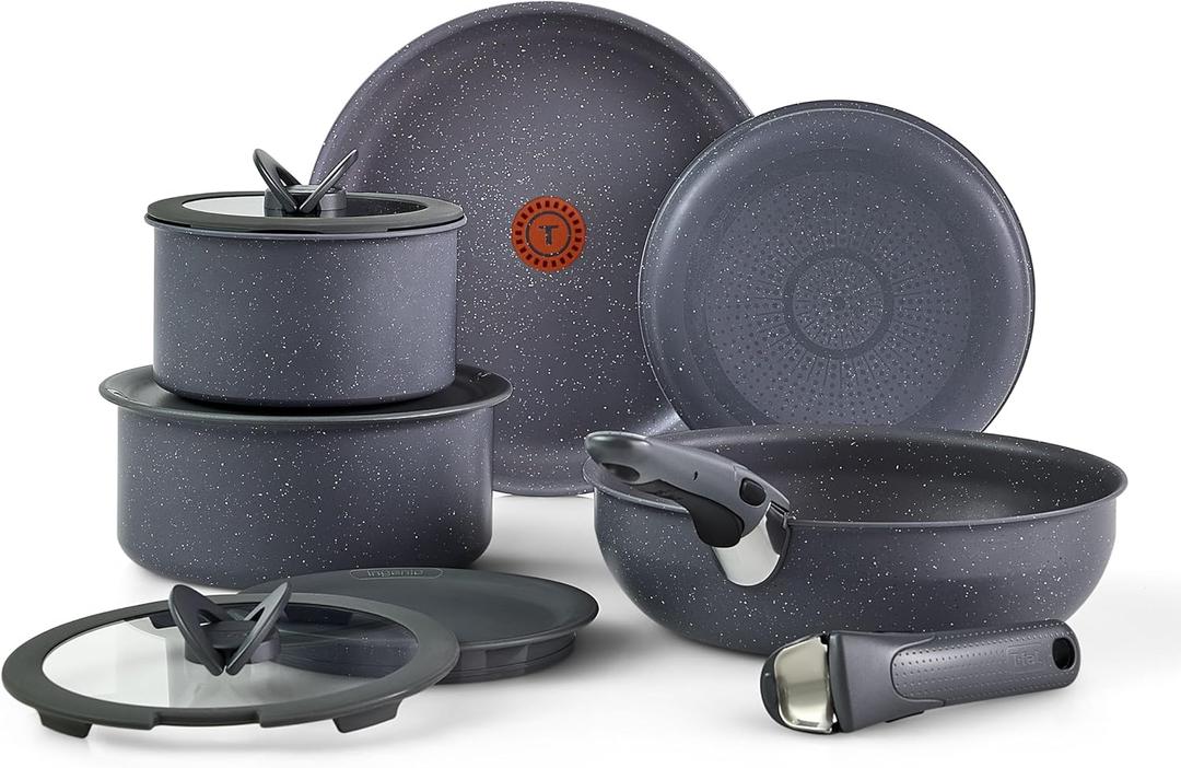 T-fal Ingenio Essentials Cookware Set with Detachable/Removable Handle 11 Piece, Granite Titanium Non Stick, Oven Broiler Safe 500F, Stackable, Pots and Pans Set, Frying Pans, Dishwasher Safe, Gray