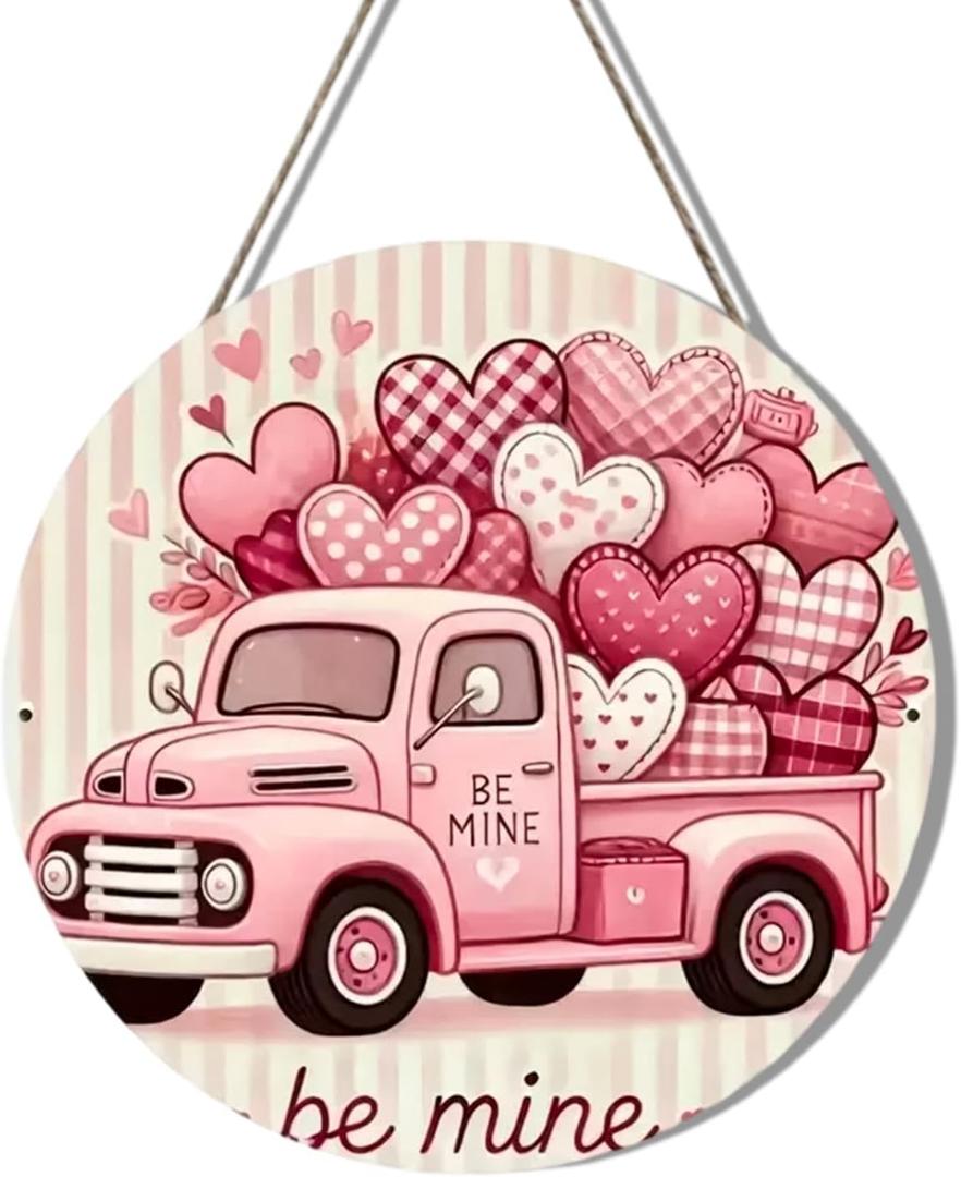 3 x 1 Pcs Valentines Wreath for Front Door 12 Inch Wooden Hanging Door Sign Welcome with Cute Truck Design Romantic Heart Porch Wreaths for Holiday Home Door Wall Farmhouse Decorations Indoors Outdoors