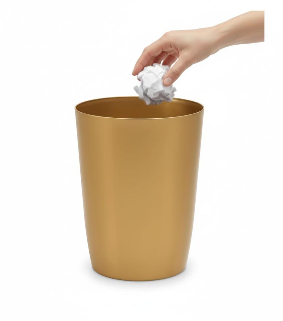 Mini Waste Basket - Durable Small Plastic Garbage Trash Can Bin - Lidless Open-Top, Slim Profile for Compact Spaces - Suitable for Home, Bathroom, Office, Bedroom, Kitchen and More, Soft Brass