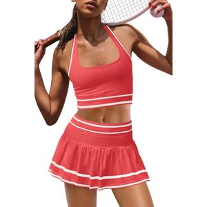 Panadila Women 2 Piece Tennis Skirt Sets Workout Set Halter Sports Bra and Golf Skort Athletic Outfits (Large, Red)