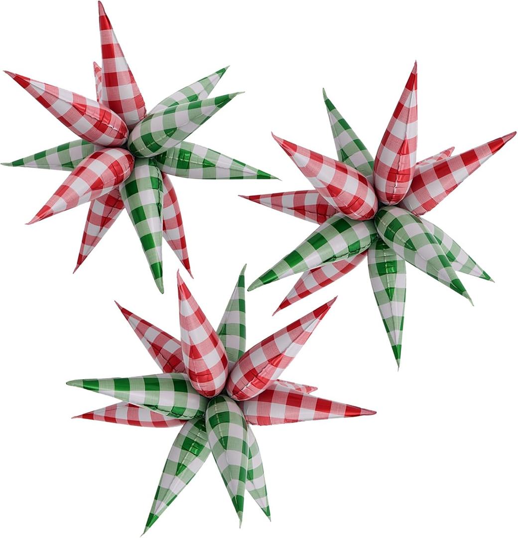 32Inch Red&Green Gingham Plaid Star burst Foil Balloon,Chirsmas Party Decoration Balloons,12pcs Spike Explplosion Balloon For Farmhouse Wedding, Picnic, Birthday, and Festival Decorations