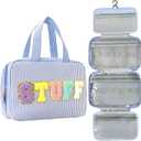 Hanging Toiletry Bag for Women Chenille Letter Travel Cosmetic Bag Fashion Stripes Water-resistant Makeup Bag for Store Toiletries Cosmetic Accessories Medium Blue