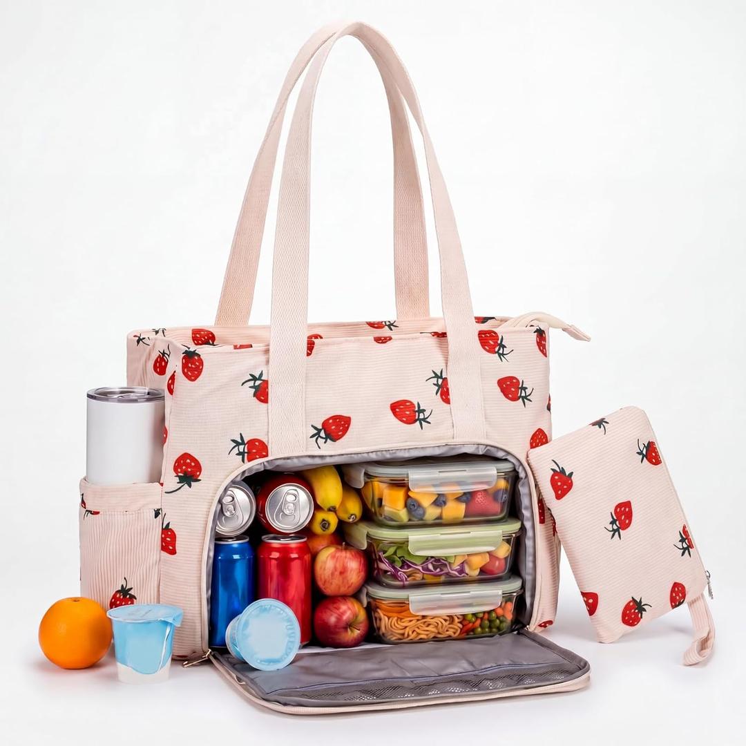 Sadnyy Cute Strawberry Corduroy Insulated Lunch Tote Bag for Women 15.6 Inch Laptop Work Bag with Insulated Lunch Compartment Large Cup Holder for Nurse Travel Office Daily Picnic