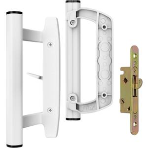 Sliding Glass Door Handle Set  Aluminum Handle, Mortise/Hook Style, Fits 3-15/16 in. Hole Spacing (White Handle with Mortise Lock- No Key)