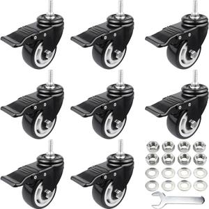 3 Inch Threaded Stem Casters with Total Lock Brake, M10 x 25mm Stem (10mm Diameter, 25mm Length), Heavy Duty Swivel Caster Wheels Set of 8, No Noise Black