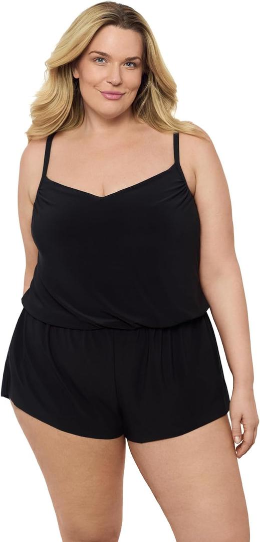 Aqua Green Women's Standard V-Neck Blouson Romper (Large, Black)