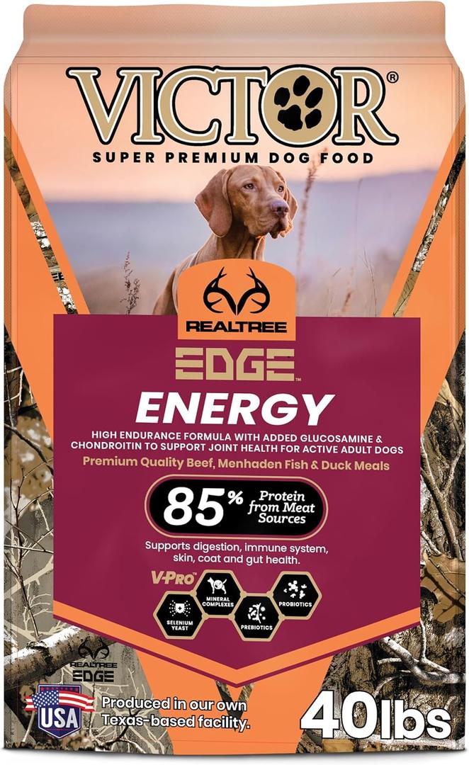 VICTOR Super Premium Dog Food Realtree Edge Energy Dry Food for Highly Active Dogs 28% Protein, 22% Fat Gluten Free Kibble with Glucosamine and Chondroitin for Hip and Joint Health, 40 lb (EXP 06/07/26)