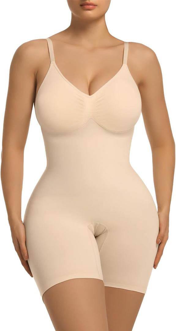 SHAPERX Women's Bra Free Bodysuits Tummy Control Shapewear Mid Thigh Body Shaper with Removable Pads