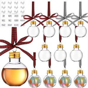 Kajaia 12 Pcs Christmas Booze Balls Xmas Fillable Tree Ornaments with Buffalo Plaid Ribbon Stickers Clear Plastic Ornaments Pendant for Holiday Party(Booze Ball,50ml)