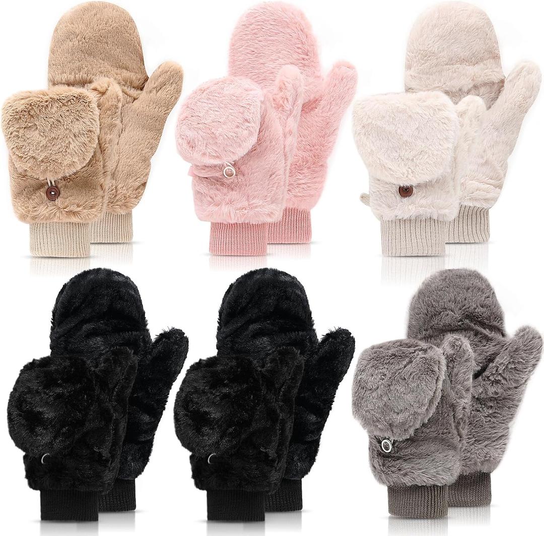 6 Pairs Fur Flip Mittens Women for Winter Warm Soft Half Finger Fingerless Convertible Fuzzy Gloves (Multicolor)