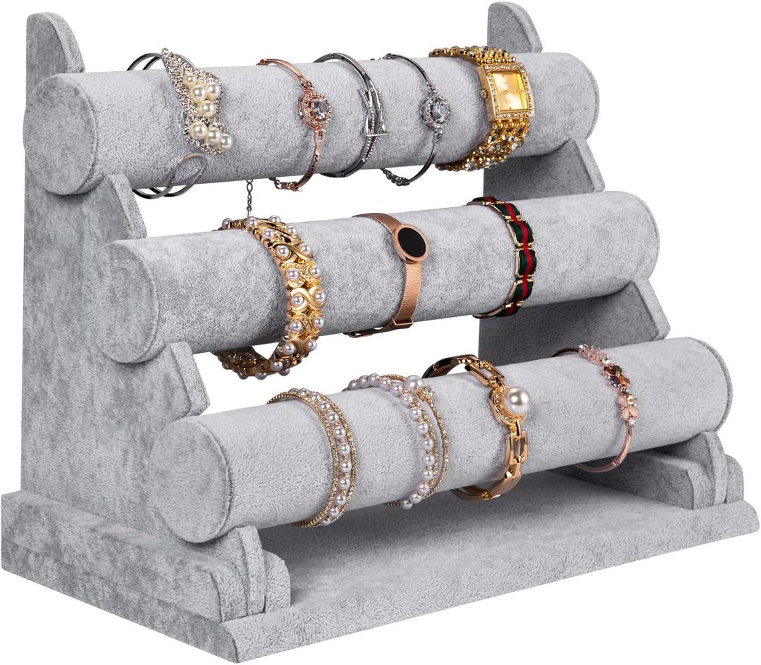 Polmart Black Long Velvet Bracelet/Watches/Jewelry T-Bar Display (Black Velvet, T-Bar) (1, Gray Velvet, 3-Tier)