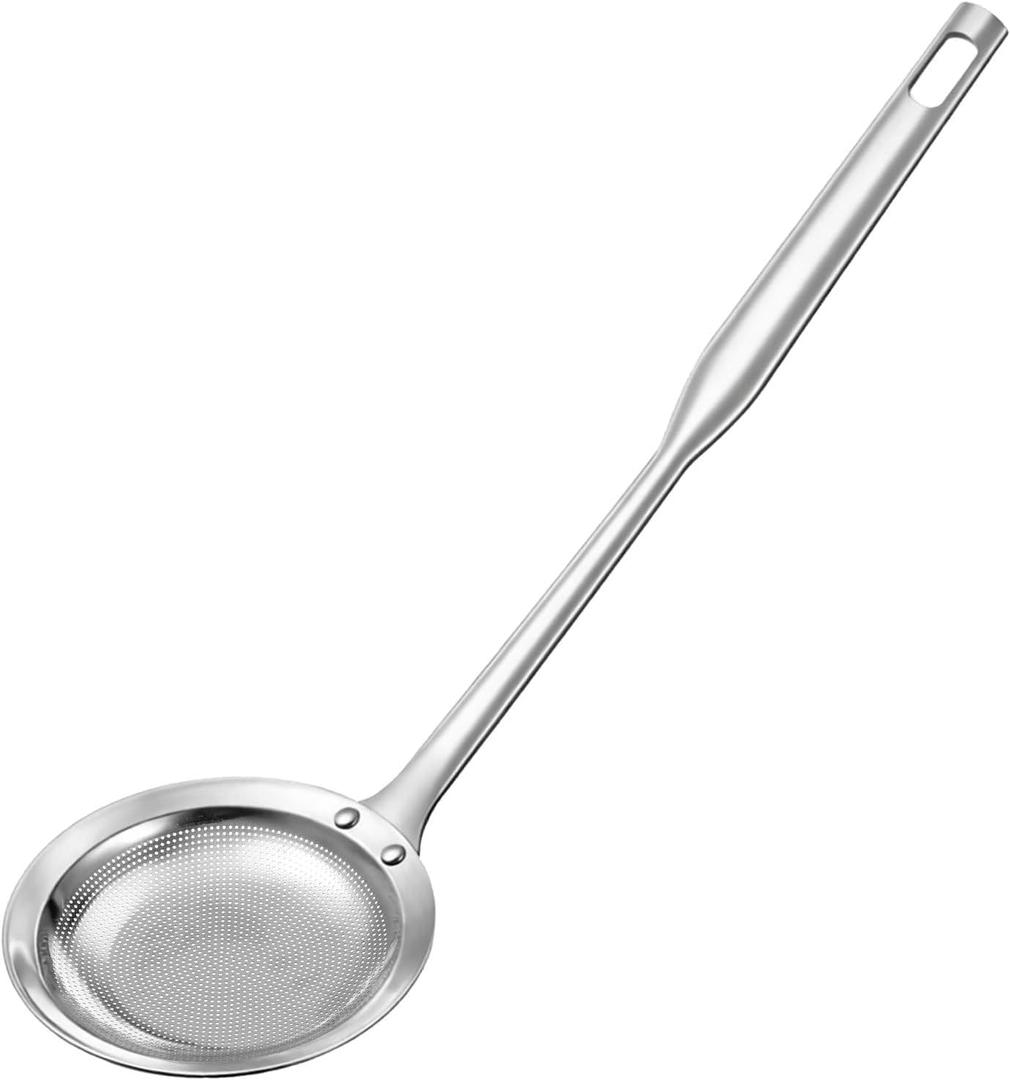Qianyu Hot Pot Fat Skimmer Spoon Extra Fine Strainer With Handle Fine Mesh Stainless Steel Colander Broth Foam Filter Ladle Food Strainer Kitchen Gadget for Skimming Grease Baking Oil Flour Sifter