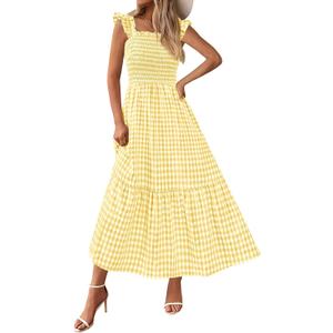 PRETTYGARDEN Womens Summer Dress Casual Square Neck Ruffle Strap Gingham Smocked Midi Flowy A Line Beach Vacation Sun Dresses (Yellow, XXL)