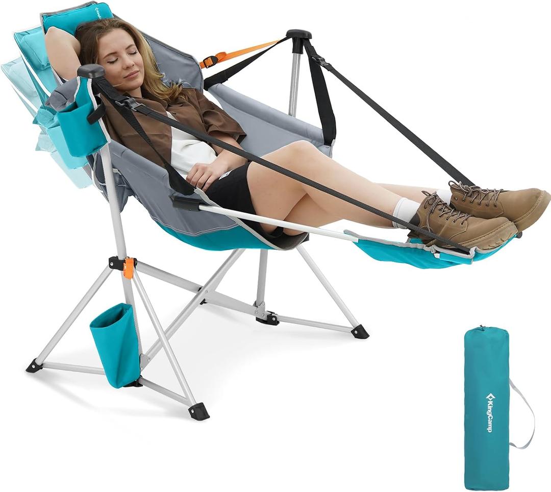 KingCamp Hammock Chair with Footrest Heavy Duty Swinging Rocking Camping Chairs for Adults up to 400lbs, Folding Portable Oversized Rocker with Cup Holder & Pillow for Outdoor Beach Lawn RV Sports