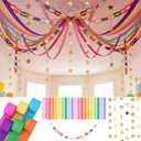 Frienda 300 Sheets Colorful Paper Chains Strips and 492 ft Crepe Paper Streamers, 52.8ft Gold Star Garlands Backdrop for Wedding Birthday Party Decorations DIY Crafts(Rainbow,Colorful)