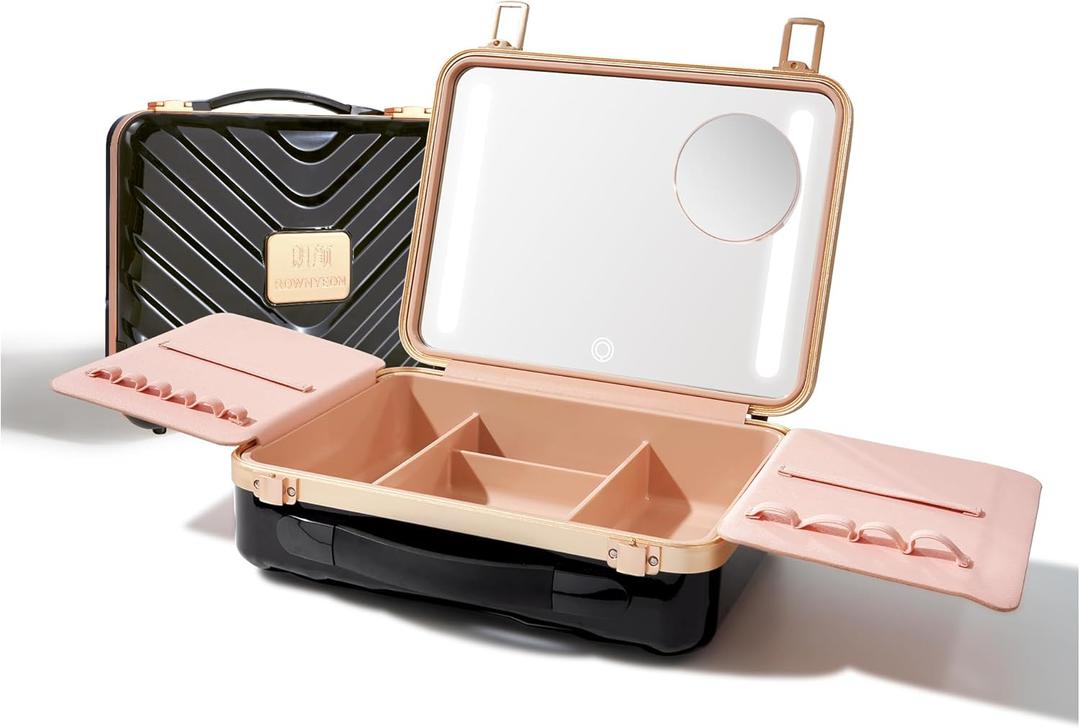 ROWNYEON Travel Makeup Case With Light Up Mirror Portable Train Case Organizer Make up Box for Girls Makeup Artist Hairstylist Case with 5x Mirror Black