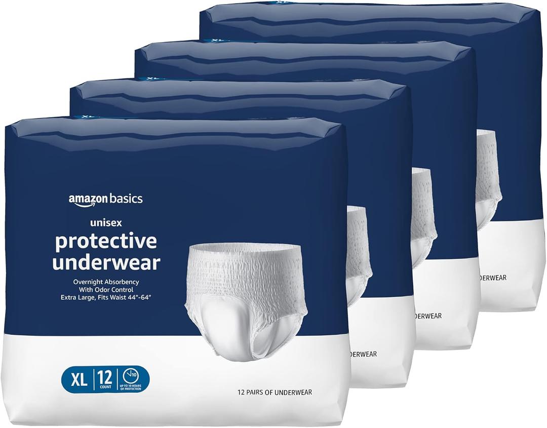 Amazon Basics Unisex Protective Underwear, Overnight Absorbency, Extra Large, 48 Count, (4 Packs of 12)