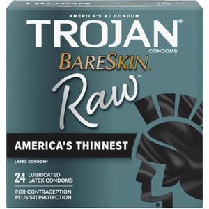 TROJAN BareSkin Raw Ultra Thin Condoms, Lubricated Thin Condoms for Men, America's #1 Condom Brand, 24 Count Pack