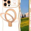 for iPhone 14 Pro Max Magnetic Case with Stand, Luxury Electroplating Shockproof Wave Curly Frame and Heart Pattern, Lens and Screen Edge Raised Protection for iPhone 14 Pro Max-White